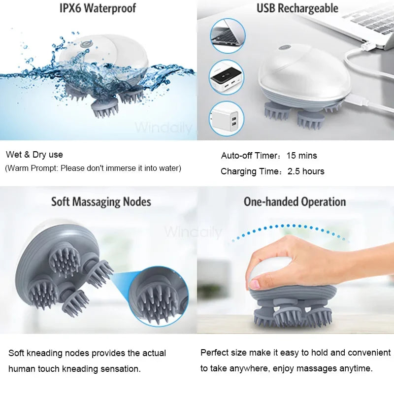 Electric Scalp Head Massager - Kneading & Vibrating Technology for Hair Growth & Tension Relief