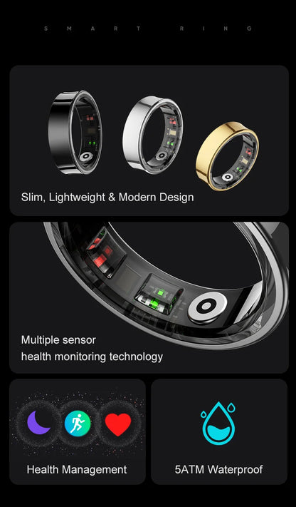 R09 Smart Ring Men Women with Charging Case,Heart Rate Blood Oxygen,Skin Temperature Monitor,5ATM Waterproof For Android iOS