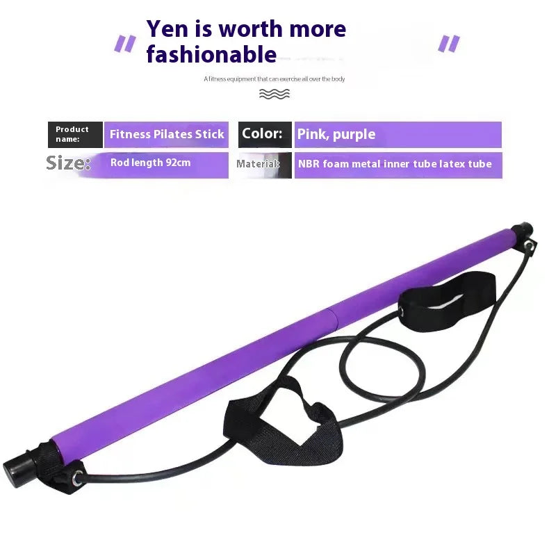 Pilates Stick - Adjustable Fitness Bar for Home Workout, Yoga, Stretching & Toning - Portable Exercise Rod with Elastic Bands