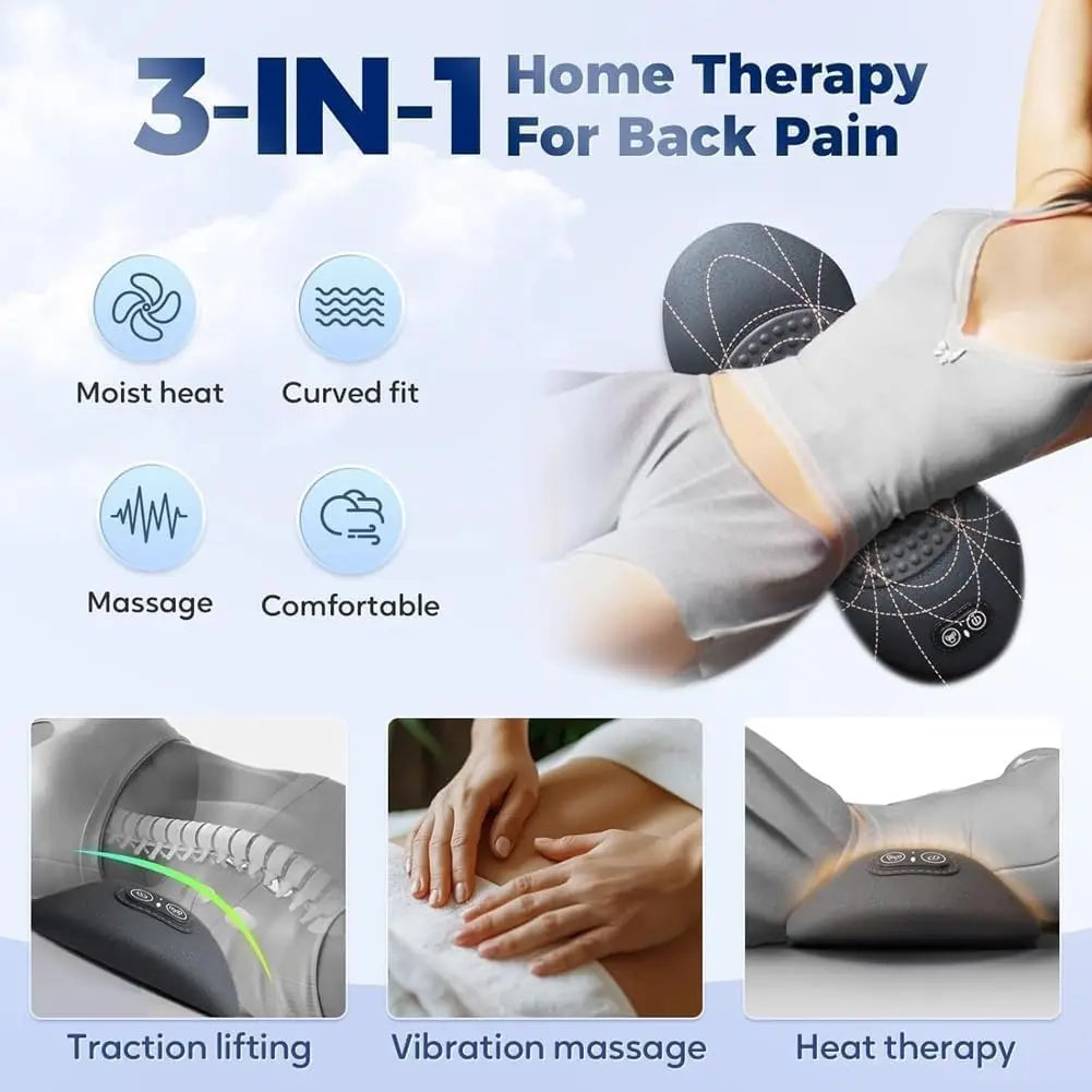 3-in-1 Back Massager Heat Vibration for Back Pain Relief Herniated Disc Stretch Support Traction Lower Back Massage Pillow